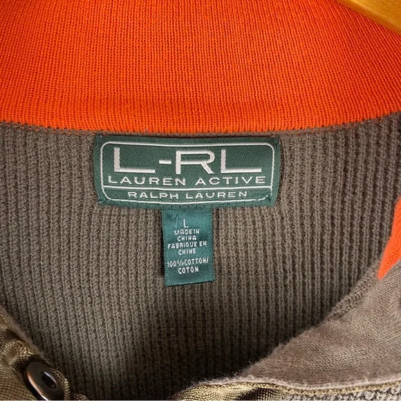 Ralph Lauren LRL Preppy Equestrian Cotton Henley Sweater Olive Orange L - Picture 2 of 6